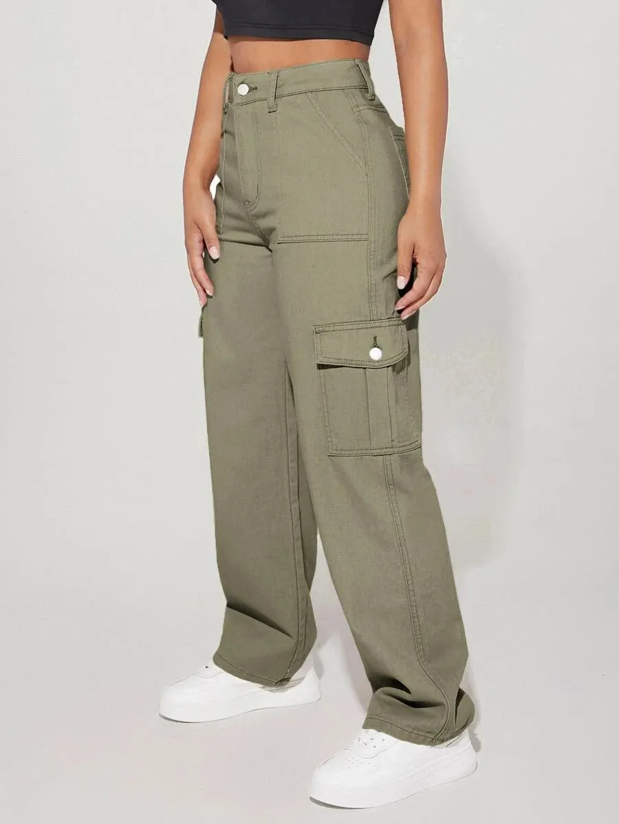 Denim High Waist Flap Pocket Side Cargo Jeans