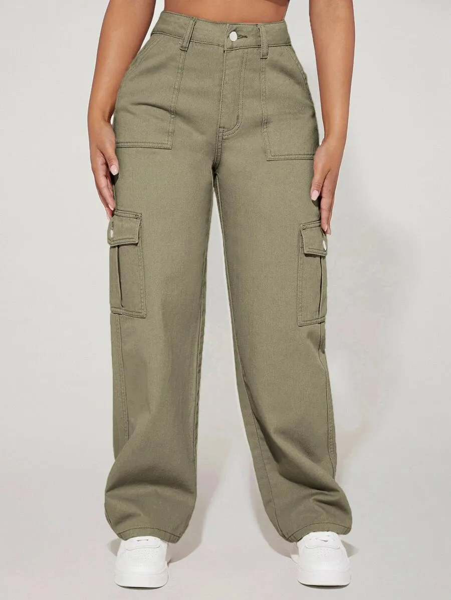 Denim High Waist Flap Pocket Side Cargo Jeans