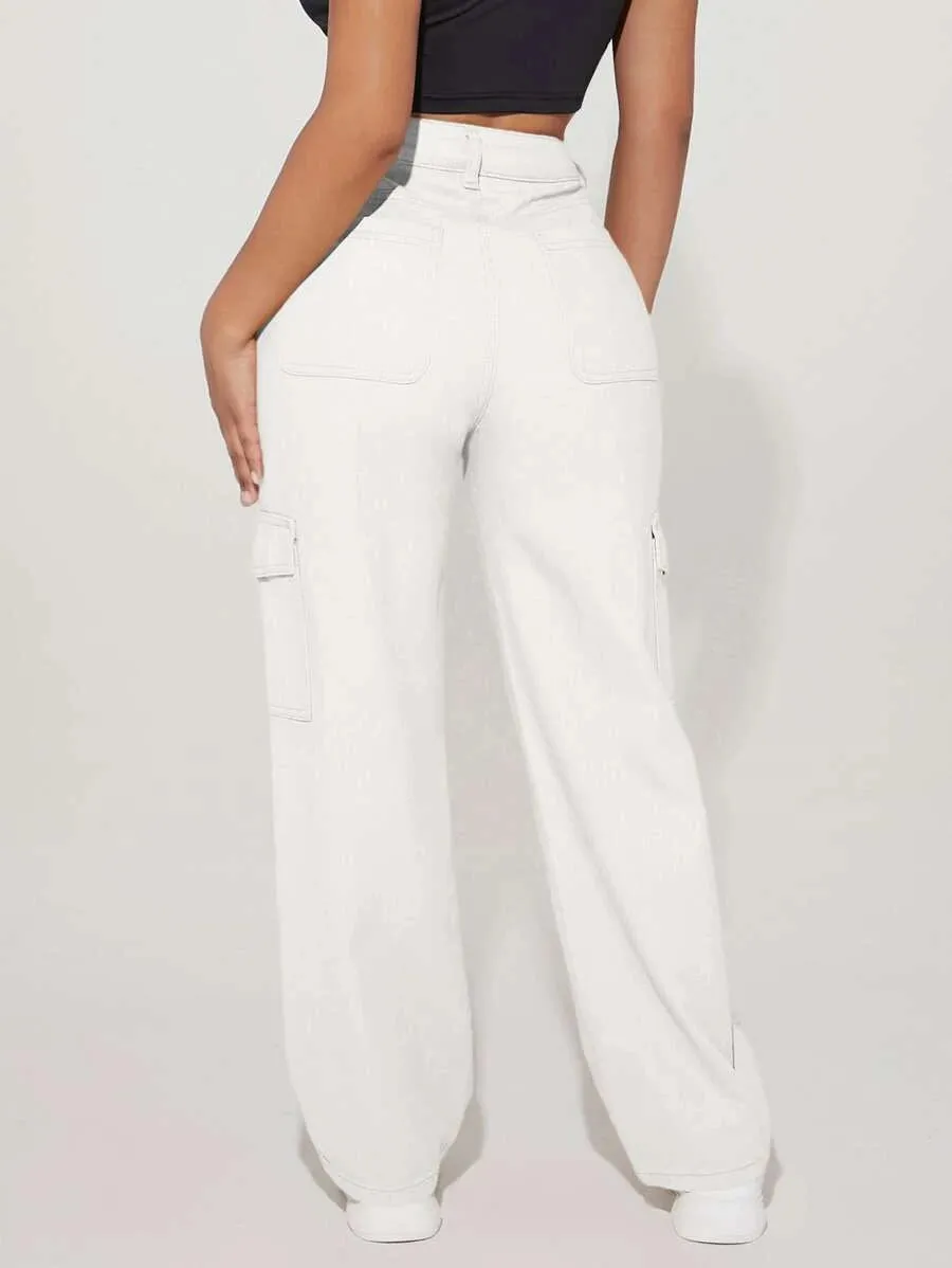 Denim High Waist Flap Pocket Side Cargo Jeans