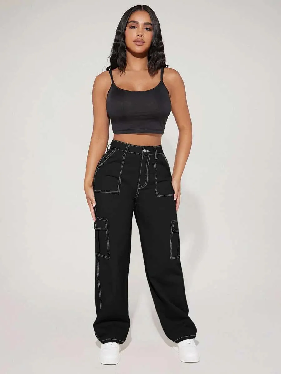 Denim High Waist Flap Pocket Side Cargo Jeans
