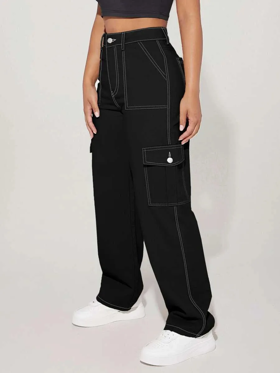 Denim High Waist Flap Pocket Side Cargo Jeans