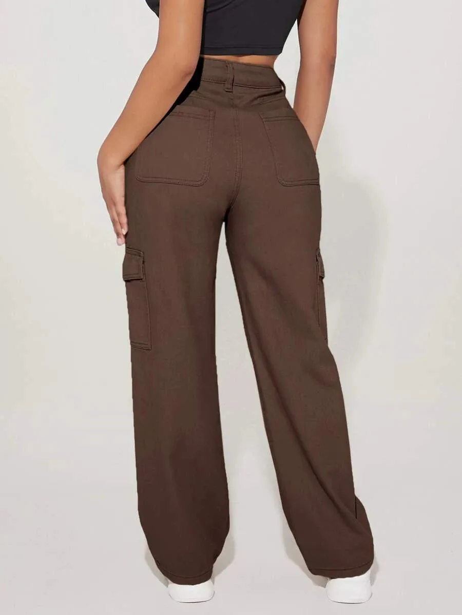 Denim High Waist Flap Pocket Side Cargo Jeans