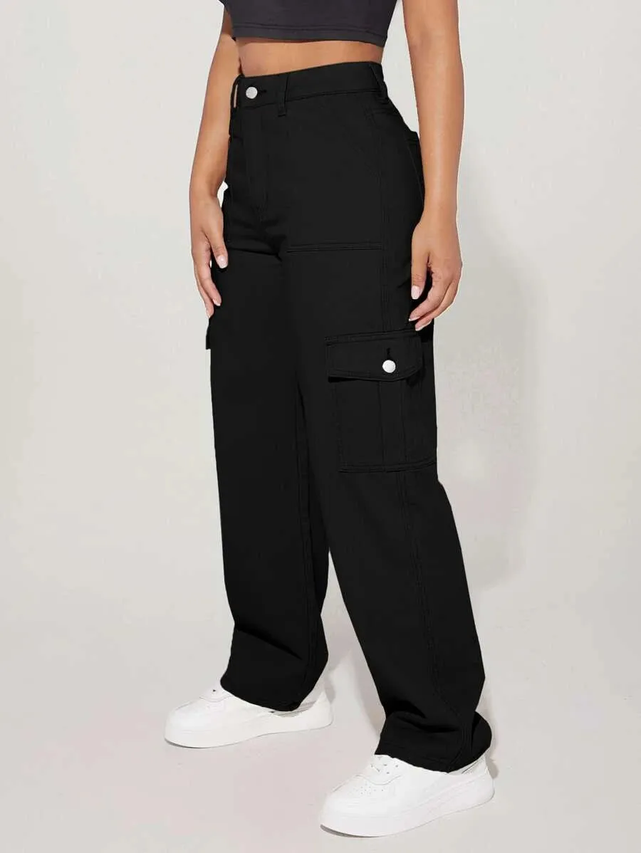 Denim High Waist Flap Pocket Side Cargo Jeans