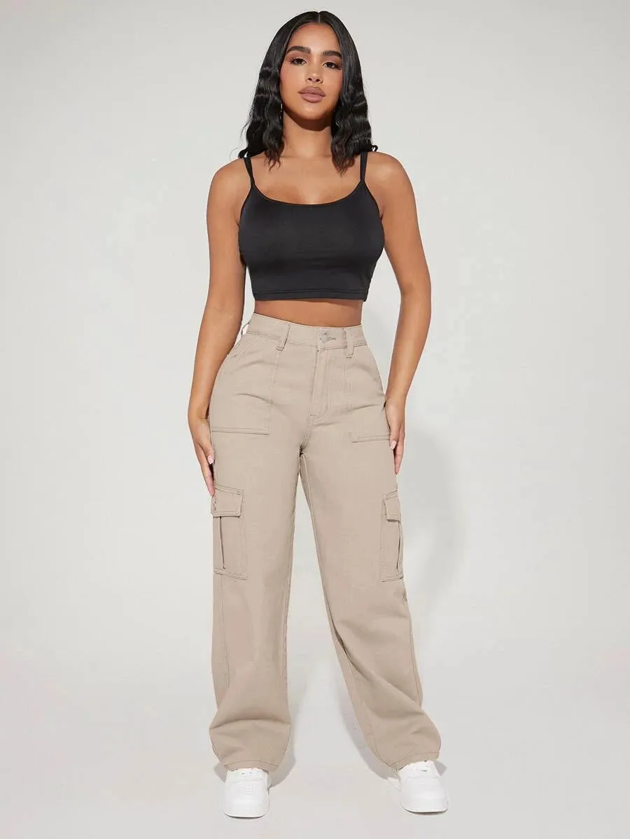 Denim High Waist Flap Pocket Side Cargo Jeans