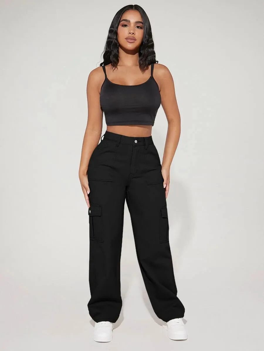 Denim High Waist Flap Pocket Side Cargo Jeans