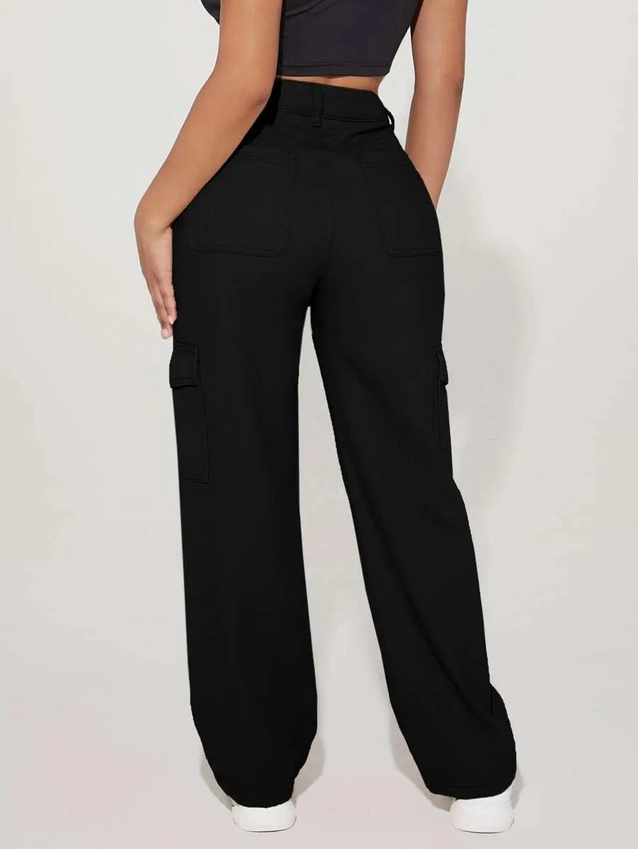 Denim High Waist Flap Pocket Side Cargo Jeans