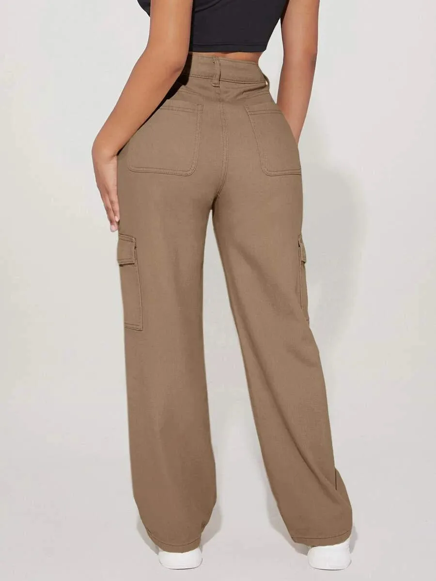 Denim High Waist Flap Pocket Side Cargo Jeans