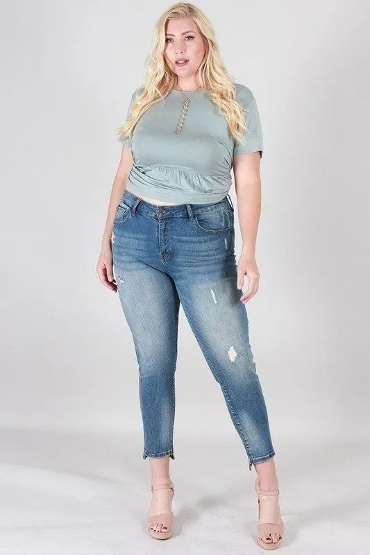 DISTRESSED MID RISE SKINNY WITH STEP HEM