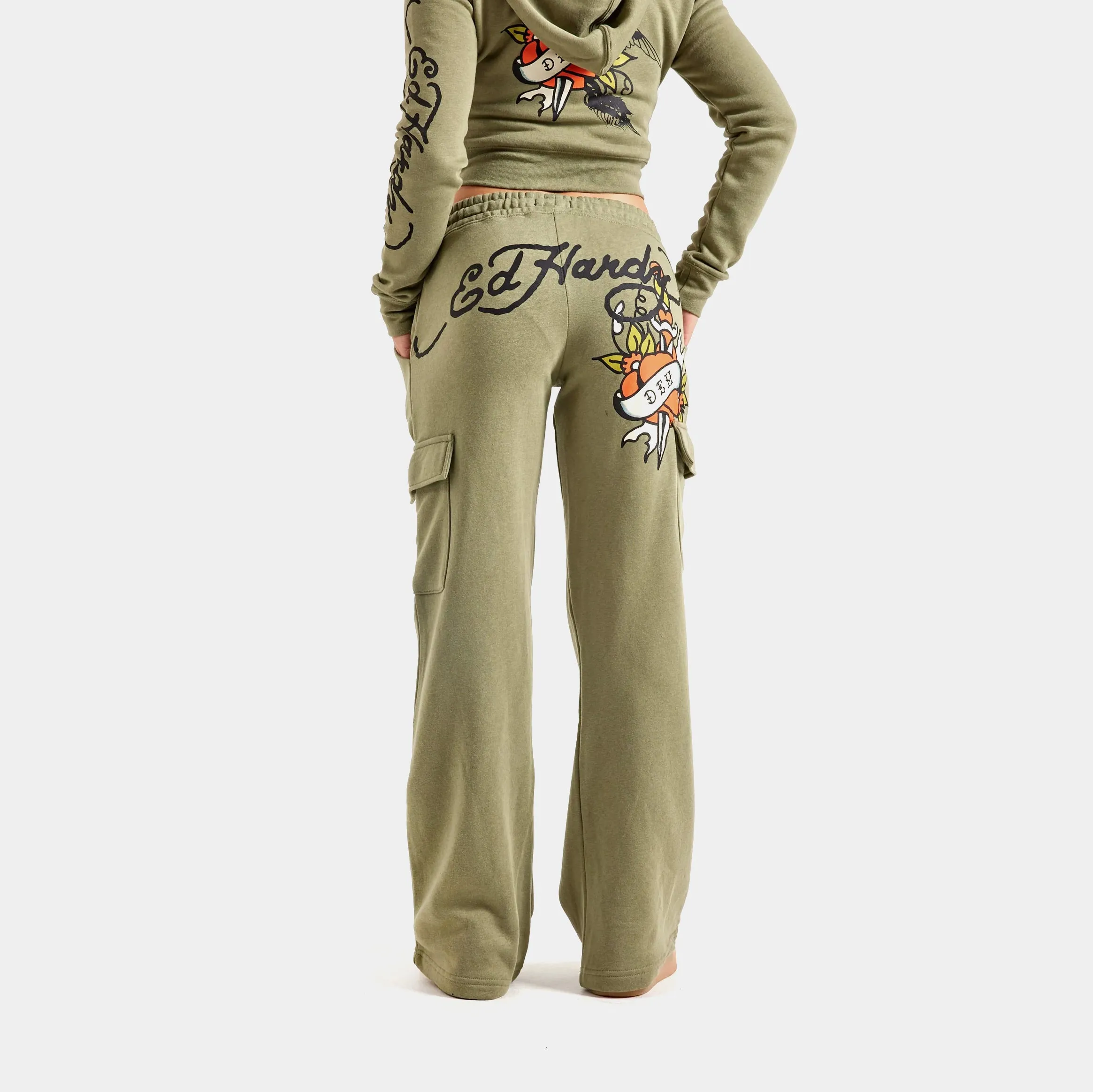 Dragon Dagger Heart Cargo Womens Sweatpants (Olive/Black)