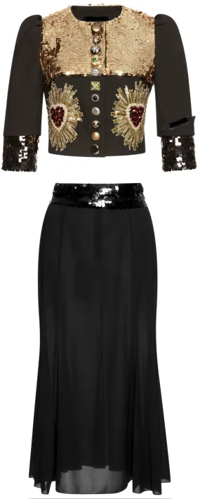 Embellished Cropped Jacket & Sequin Detail Midi Skirt Set