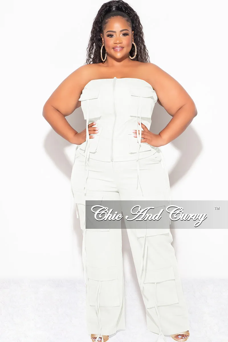 Final Sale Plus Size 2pc Strapless Top and Cargo Pants Set in White