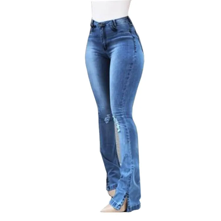 Flare High Waist Ripped Jeans Pocket Pants
