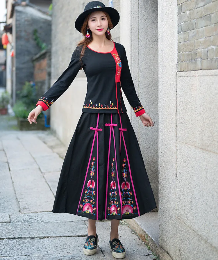 Floral Embroidery Traditional Chinese Style Pleated Expansion Skirt