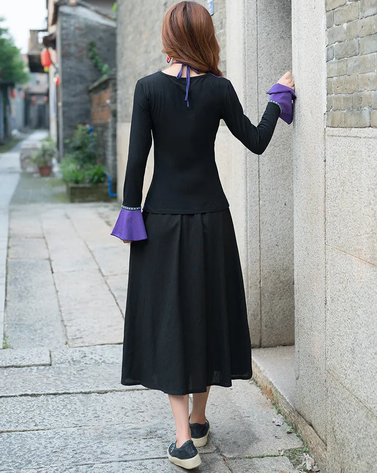 Floral Embroidery Traditional Chinese Style Pleated Expansion Skirt