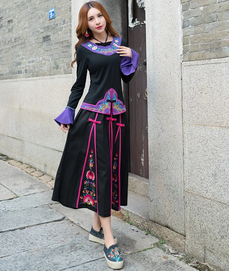 Floral Embroidery Traditional Chinese Style Pleated Expansion Skirt