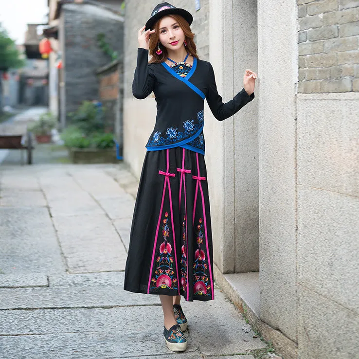 Floral Embroidery Traditional Chinese Style Pleated Expansion Skirt