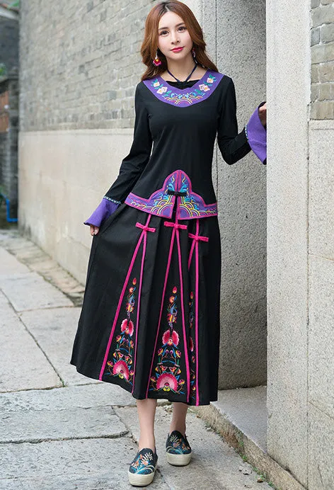 Floral Embroidery Traditional Chinese Style Pleated Expansion Skirt