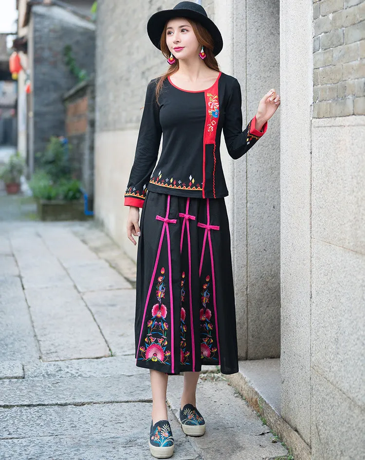 Floral Embroidery Traditional Chinese Style Pleated Expansion Skirt