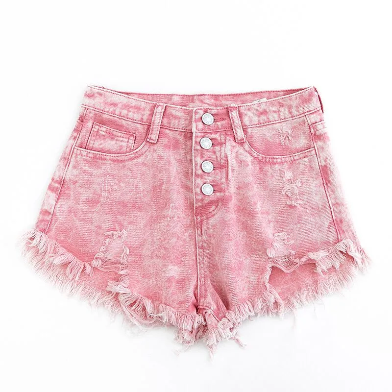 Frayed High Waist Pink Denim Shorts