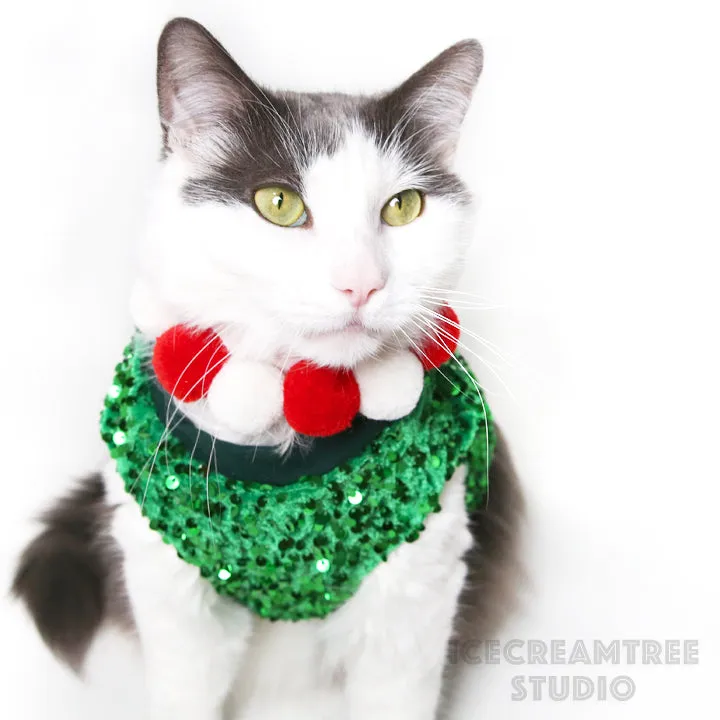 Green White PomPom Necklace - Elastic Pet Collar