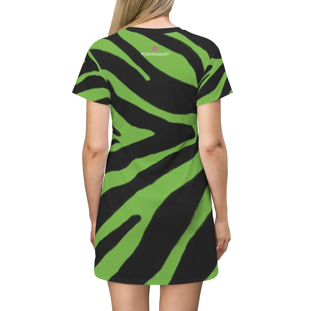 Green Zebra Print T-Shirt Dress, Zebra Animal Print Crew Neck Long Tee Shirt Dress - Made in USA