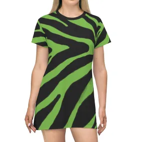 Green Zebra Print T-Shirt Dress, Zebra Animal Print Crew Neck Long Tee Shirt Dress - Made in USA