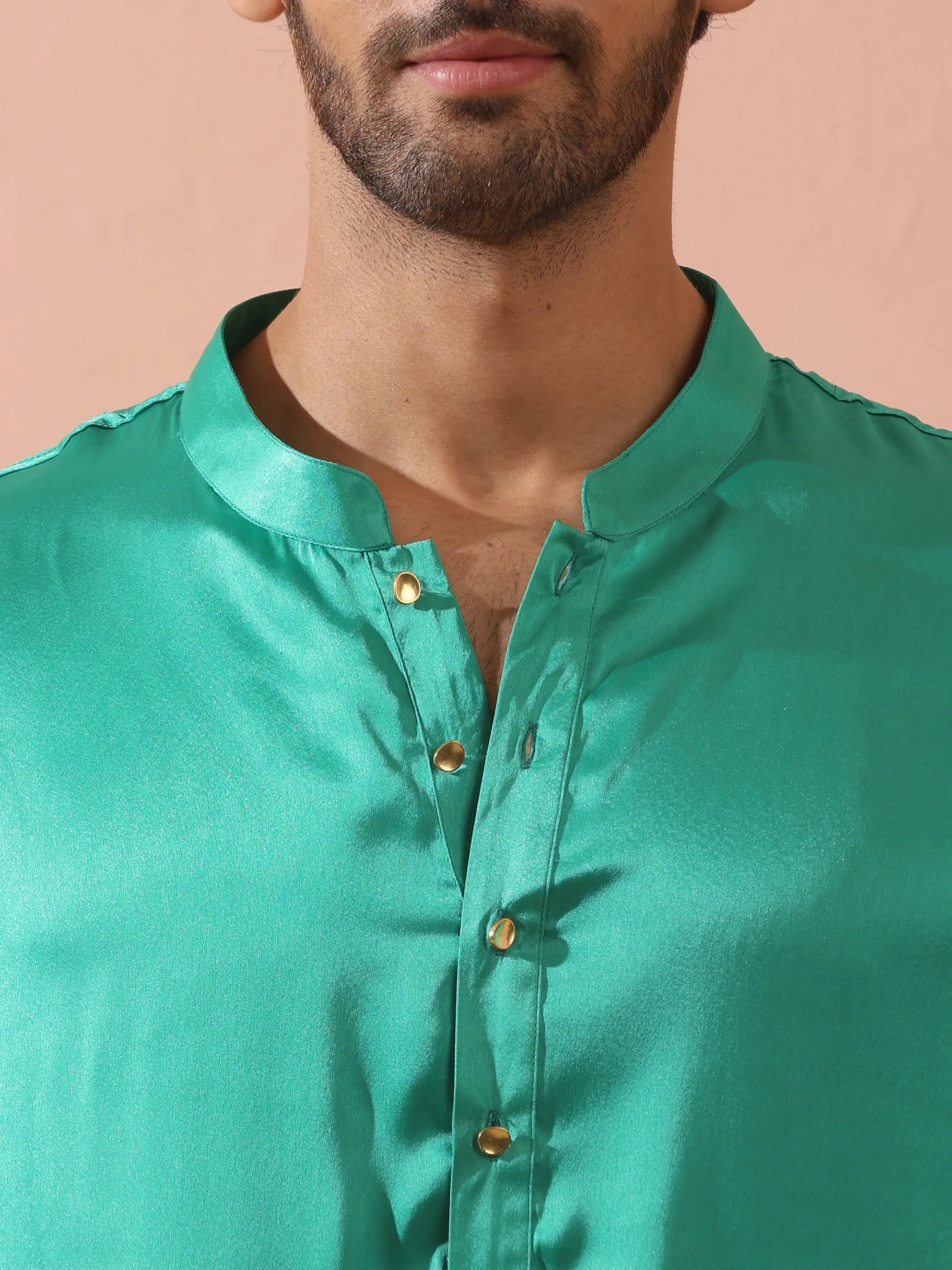 Hamilton Green Satin Kurta with Gold Buttons
