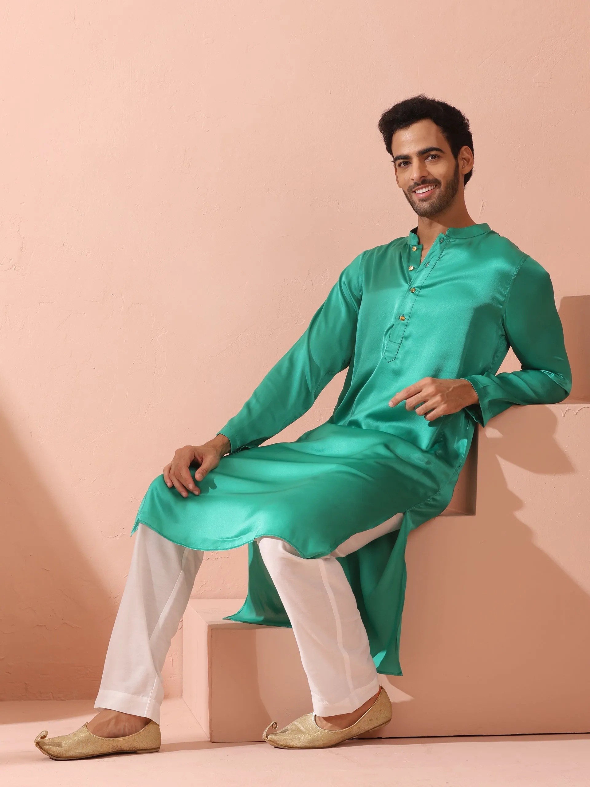 Hamilton Green Satin Kurta with Gold Buttons