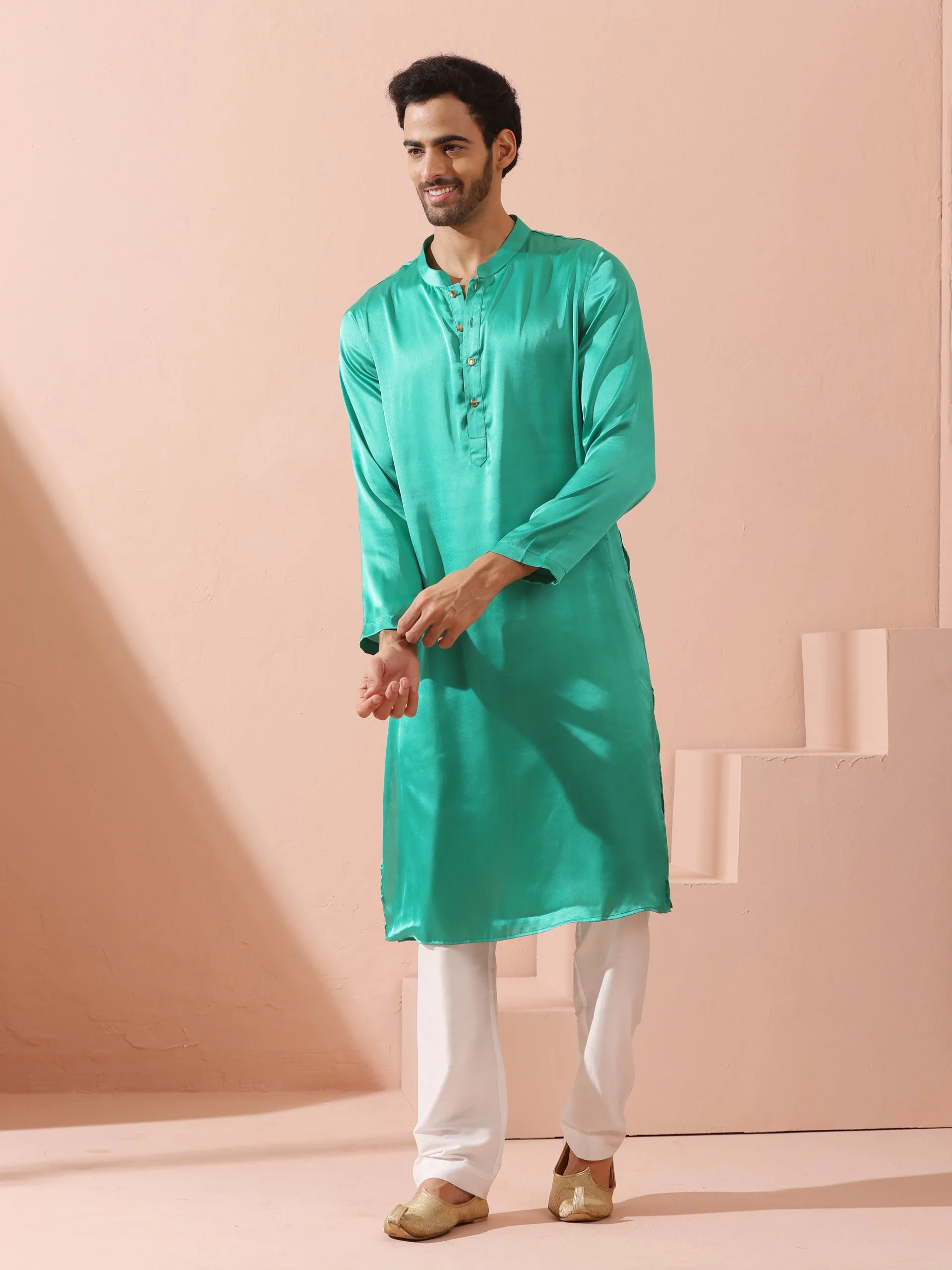 Hamilton Green Satin Kurta with Gold Buttons