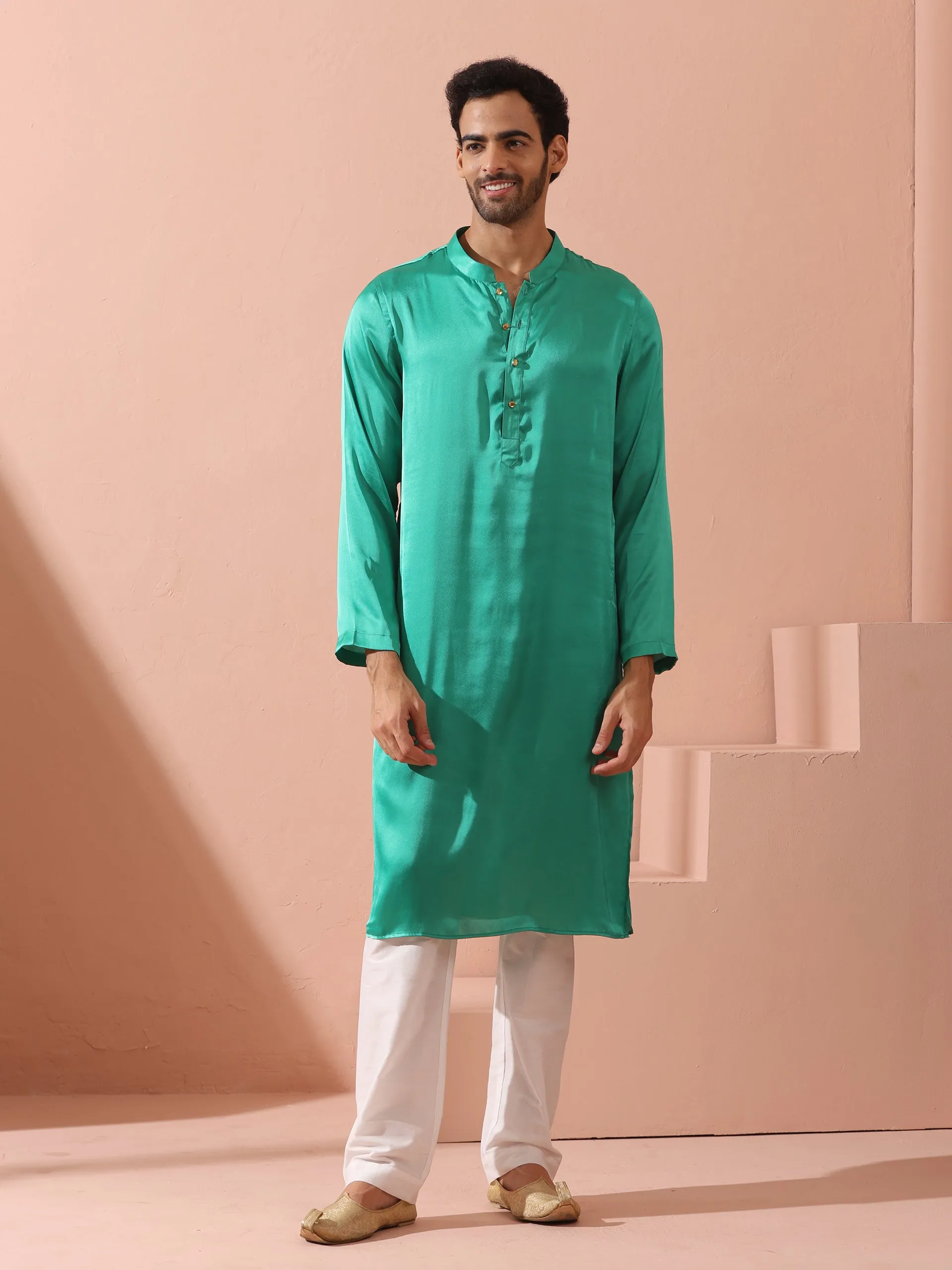 Hamilton Green Satin Kurta with Gold Buttons