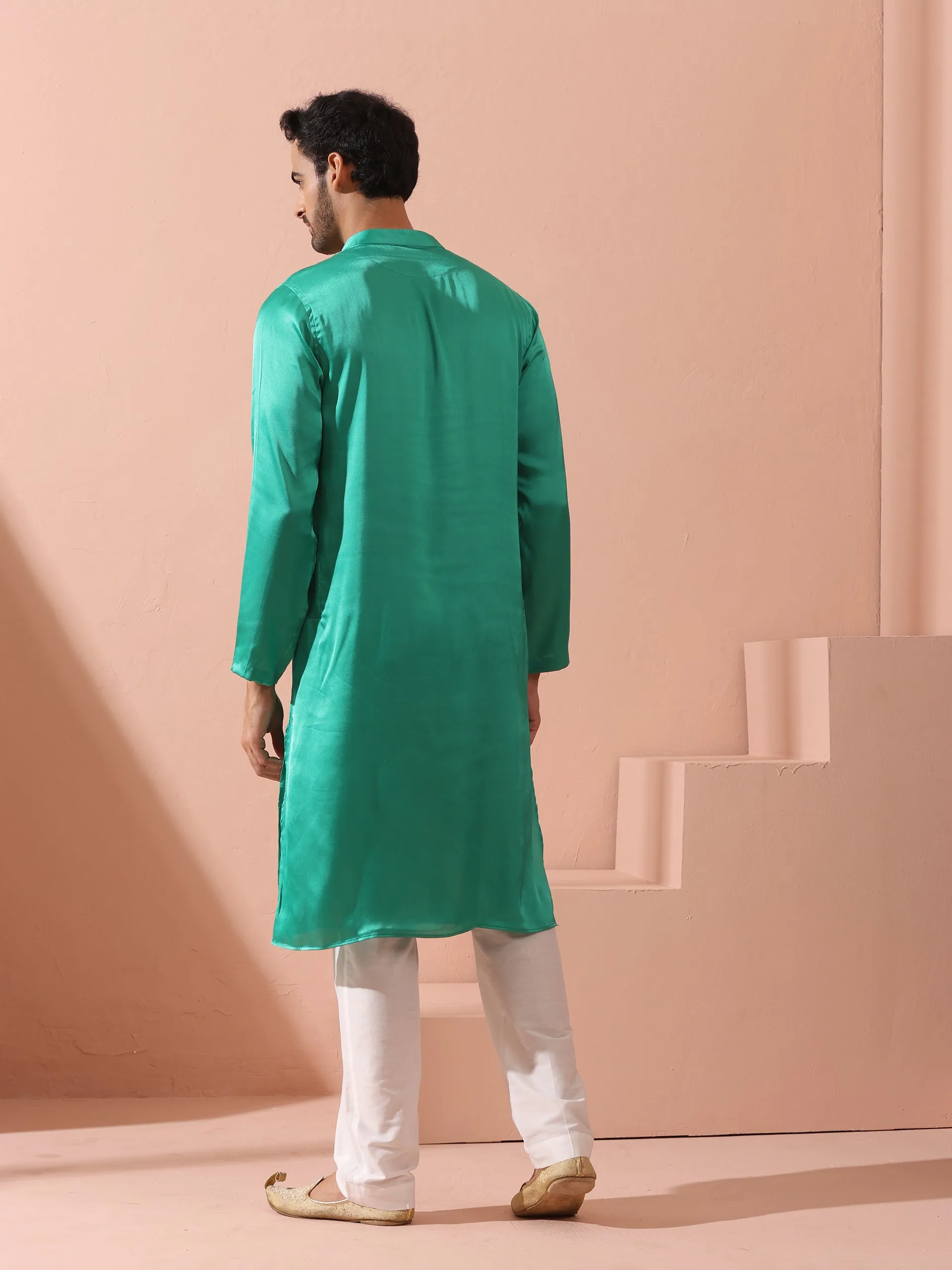 Hamilton Green Satin Kurta with Gold Buttons