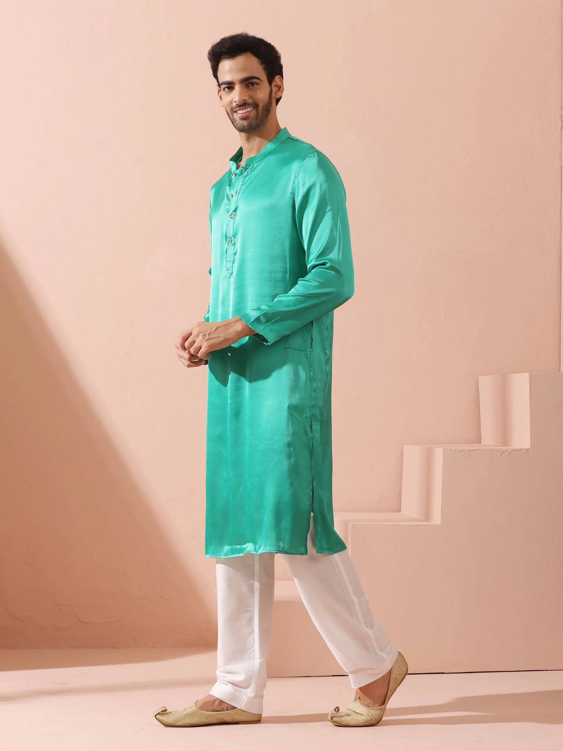 Hamilton Green Satin Kurta with Gold Buttons
