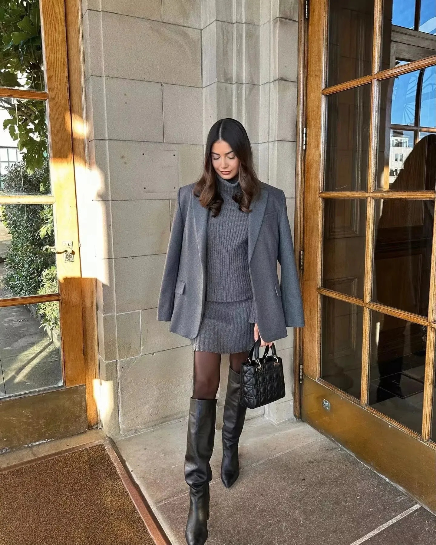 High Neck Knitted Pullover Pleated Mini Skirt Suit