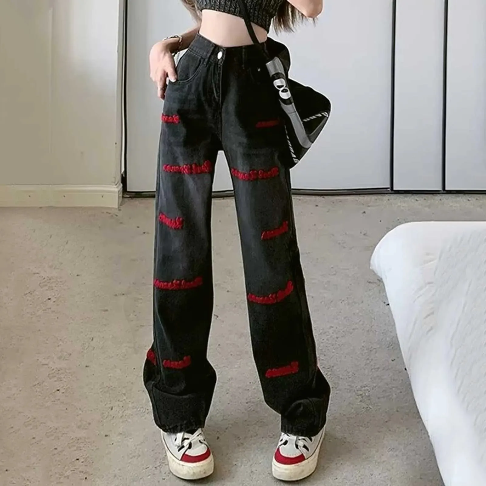 High Waist Black Hip-hop Style Wide Leg Jeans