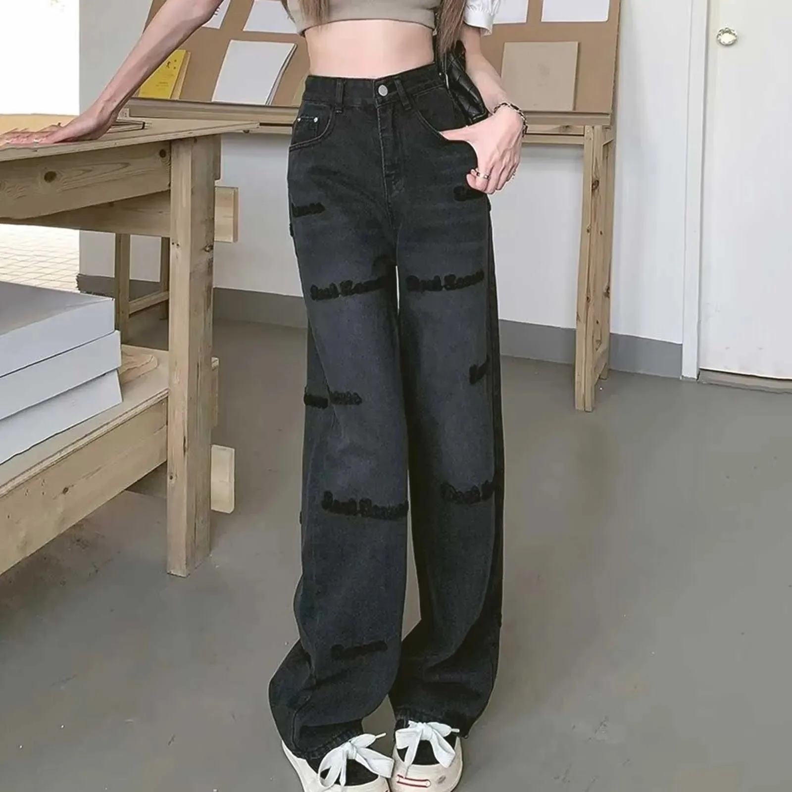 High Waist Black Hip-hop Style Wide Leg Jeans