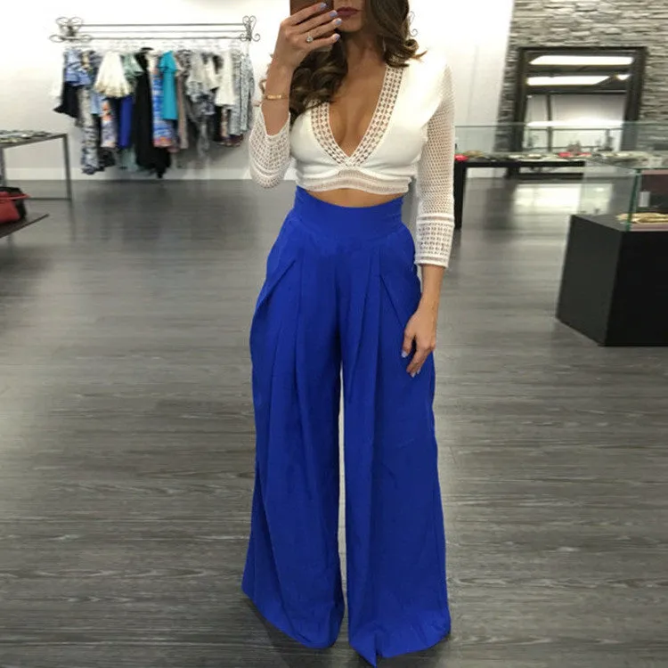 High Waist Draped Design Wide Leg Long Pants