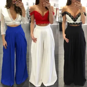 High Waist Draped Design Wide Leg Long Pants