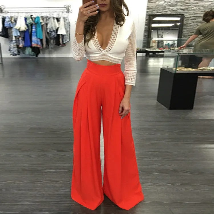 High Waist Draped Design Wide Leg Long Pants