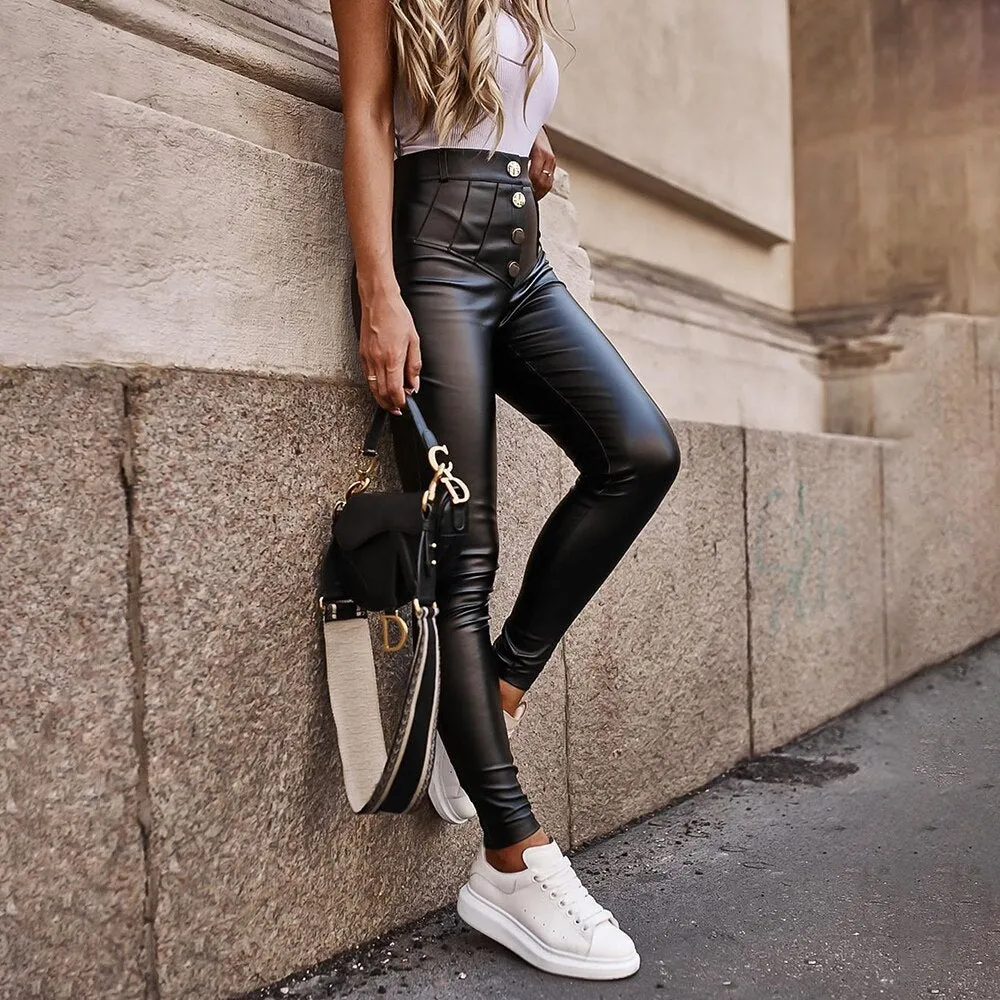 High Waist Faux Leather Skinny Pants with Buttons