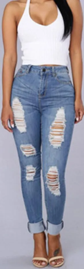 High Waist Light Blue Ripped Slim Pants