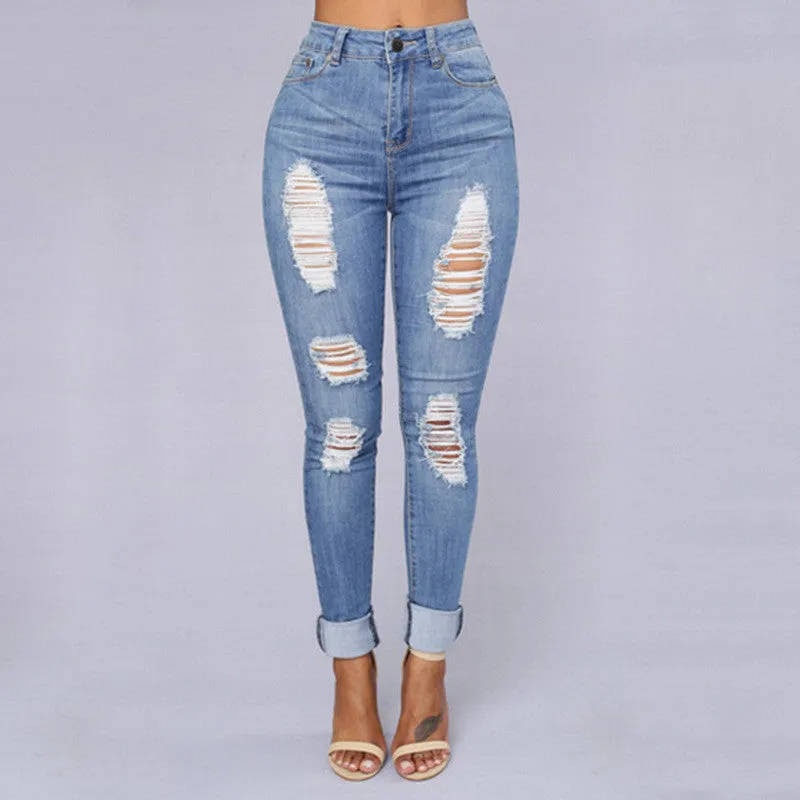 High Waist Light Blue Ripped Slim Pants