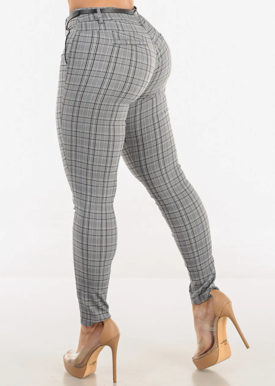 High Waist Plaid Skinny Pants w Belt