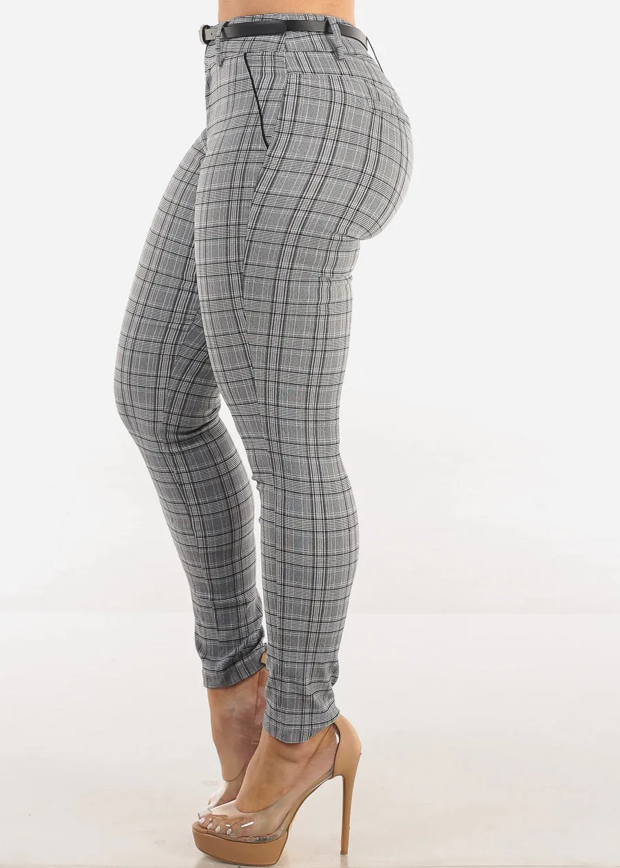 High Waist Plaid Skinny Pants w Belt