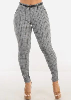 High Waist Plaid Skinny Pants w Belt