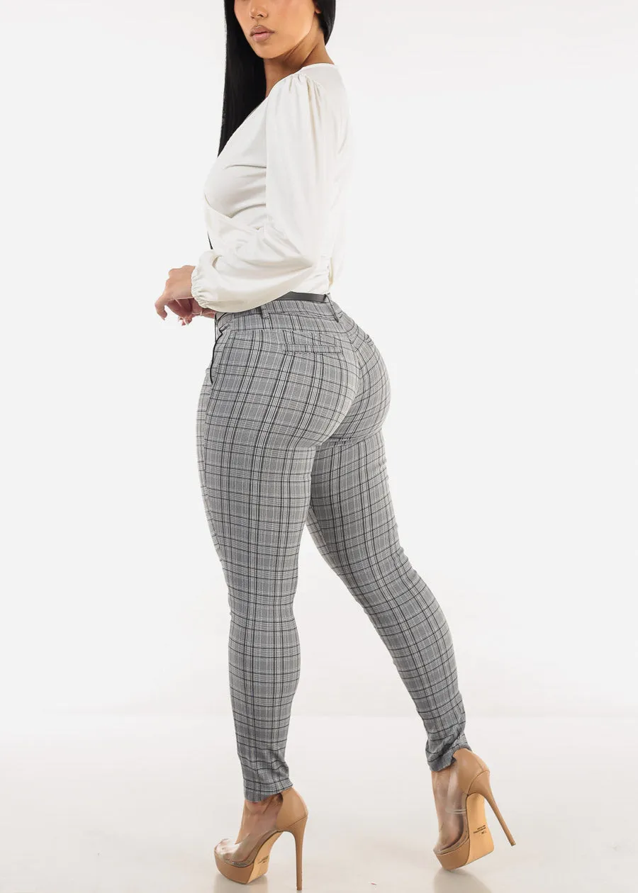 High Waist Plaid Skinny Pants w Belt