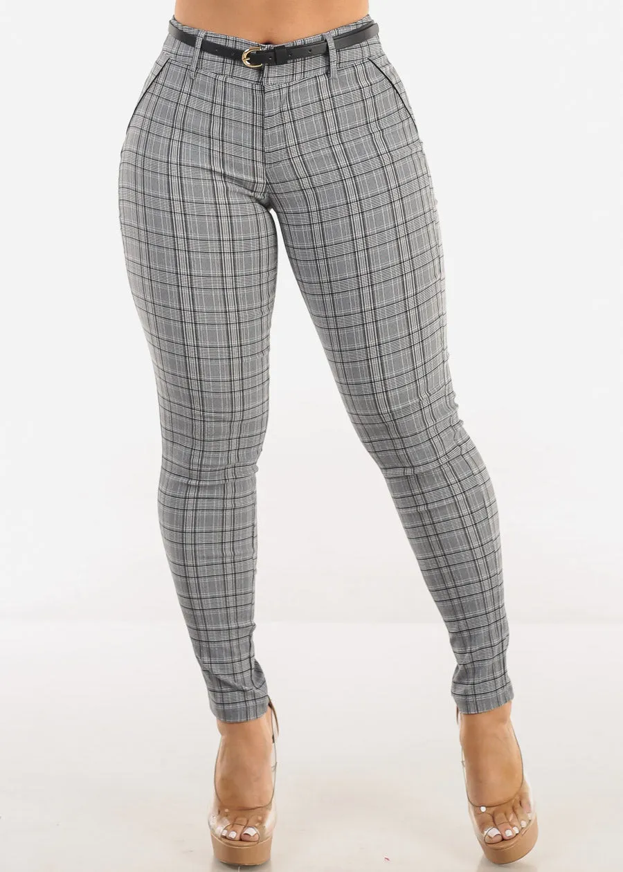 High Waist Plaid Skinny Pants w Belt