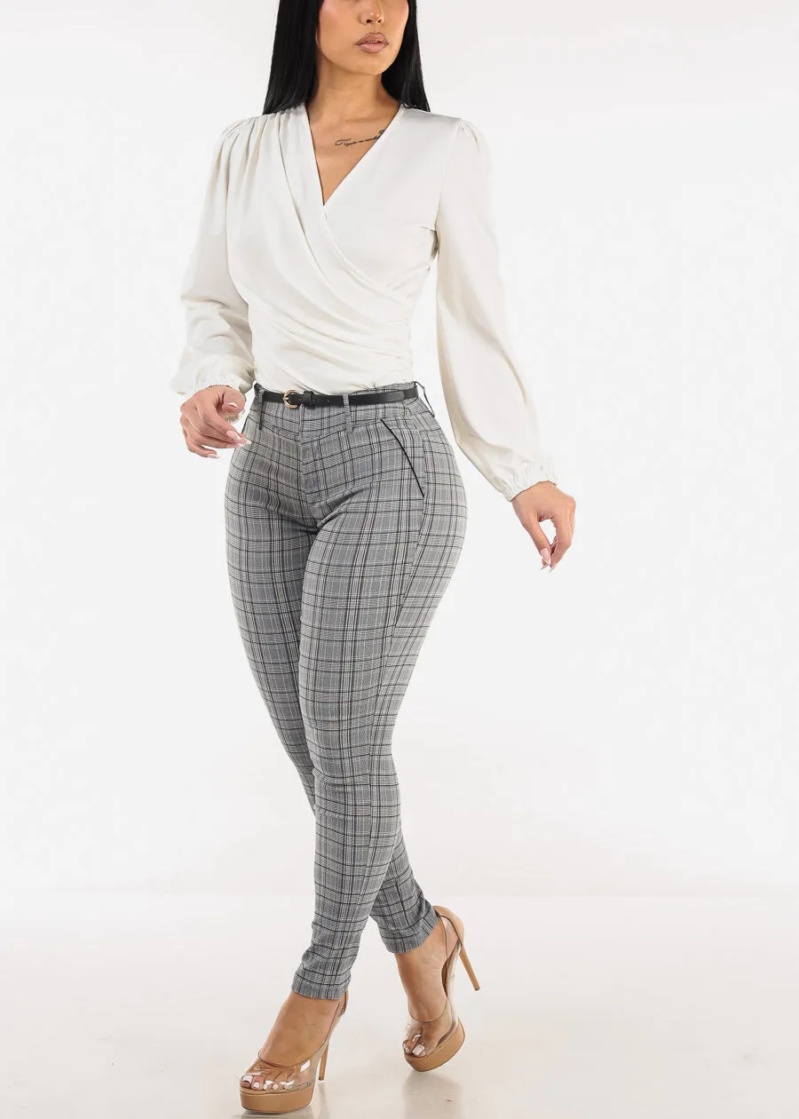 High Waist Plaid Skinny Pants w Belt