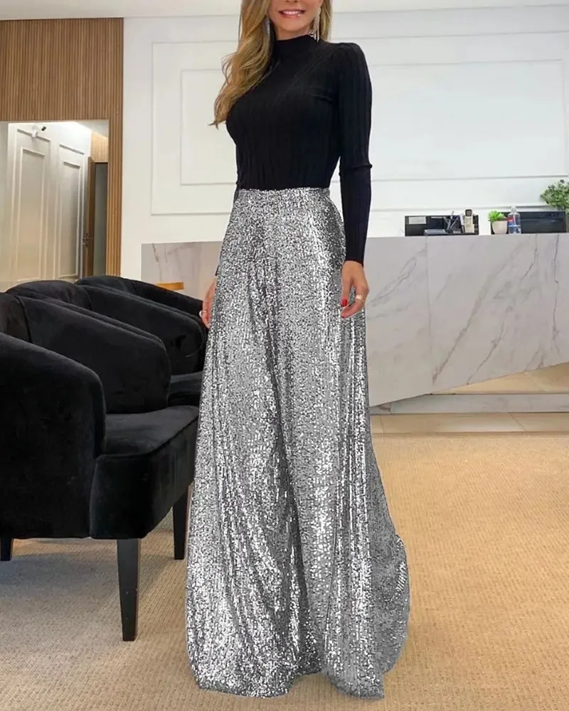 High-waist sequined wide-leg pants