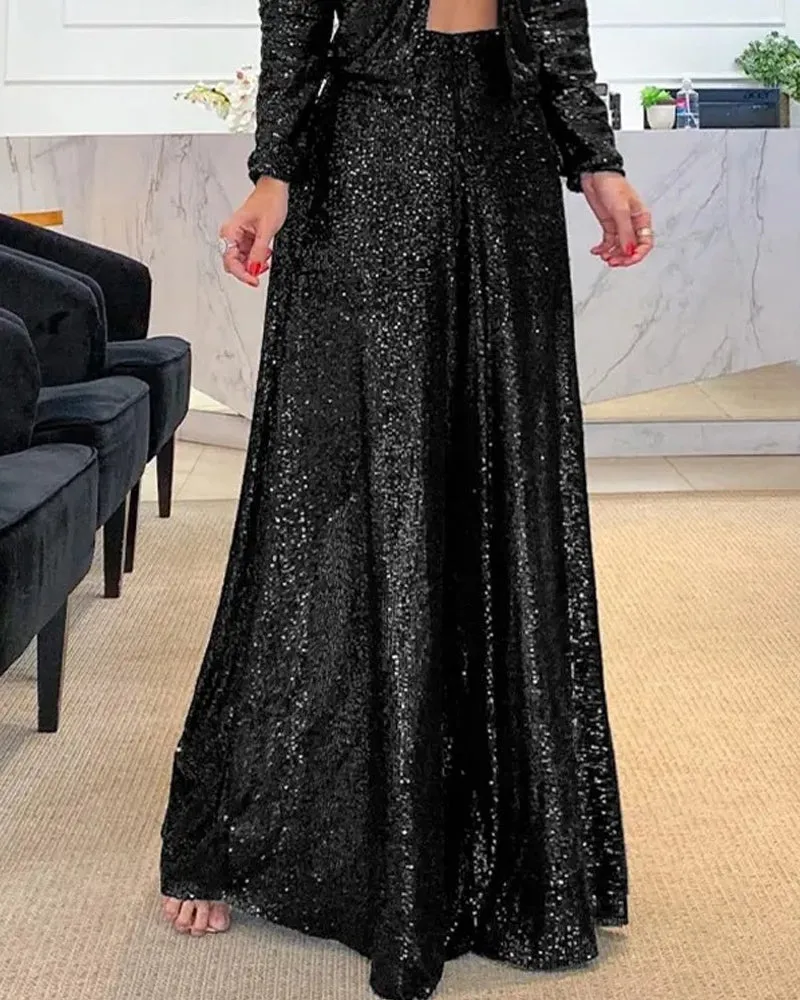 High-waist sequined wide-leg pants