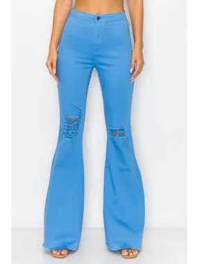 High Waisted Sky Blue Color Distressed Bell Bottom Jeans